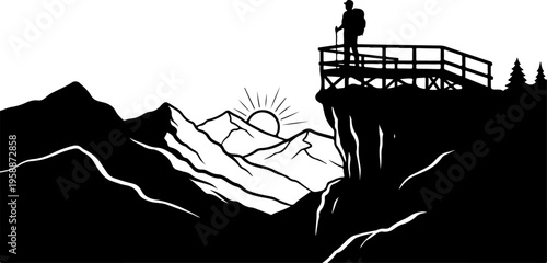 Black silhouette mountain landscape, scenic viewpoint, sunset, observation deck