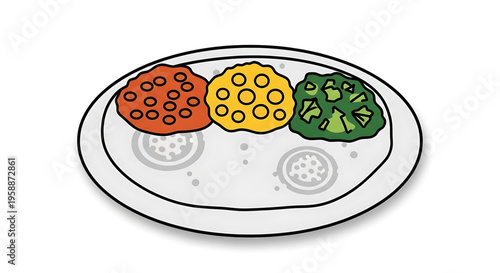 A colorful plate of food with three portions of different colored cuisine on a white background