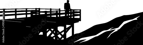 Silhouette, man standing on pier, wooden dock, mountain landscape, black and white