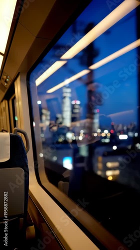 View from train window at night city lights blurred motion.