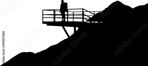 Black silhouette, person on observation deck, mountain landscape, vector icon