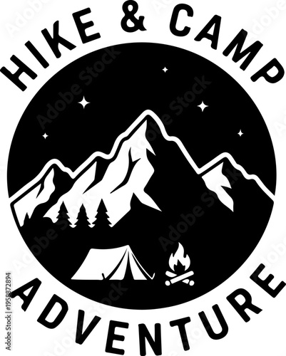 Hiking, camping, adventure logo, outdoor recreation badge, nature travel emblem