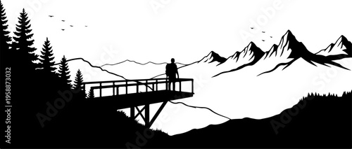 Mountain landscape silhouette, scenic viewpoint, hiking illustration, black and white vector