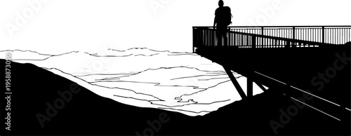 Silhouette of person on pier, ocean waves, black and white vector illustration, scenic landscape