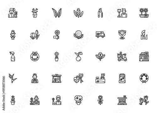 Flower shop icon set. Vector illustration pack. Includes customer, bouquet, delivery, tulip, rose, orchid, sunflower, wreath, cashier and more. Editable stroke.