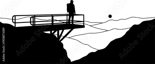 Silhouette of man on cliffside platform, black and white vector landscape, scenic overlook illustration, minimalist design element