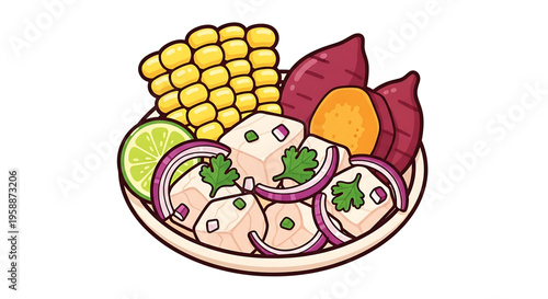 A vibrant vector graphic illustration of a bowl of Ceviche, a traditional South American dish made with fresh seafood, corn, sweet potatoes, and lime.