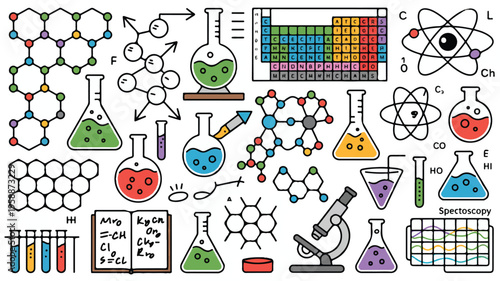 Collection of colorful science and chemistry icons: molecules, periodic table, flasks, microscope, test tube