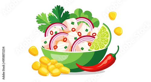 A vibrant vector graphic illustration of a bowl of ceviche with fresh ingredients
