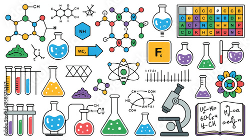 Set of chemistry and science icons: periodic table, molecules, flasks, microscope, formulas, test tube