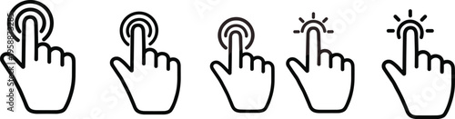 Collection of touchscreen hand click icons, finger press symbols, digital interface vector design, user interaction graphic, technology element, tap gesture illustration