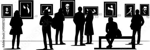 people admiring art in a gallery silhouette vector illustration
