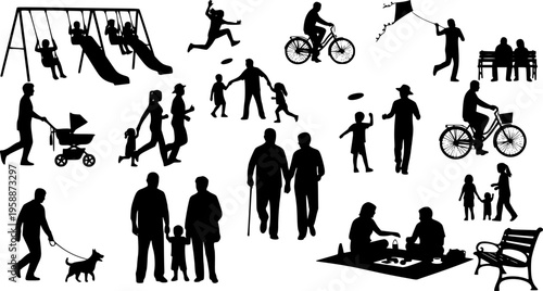 People different ages doing outdoors activities with various poses in public park vector silhouettes. People all ages playing in park family bonding leisure time black silhouette set