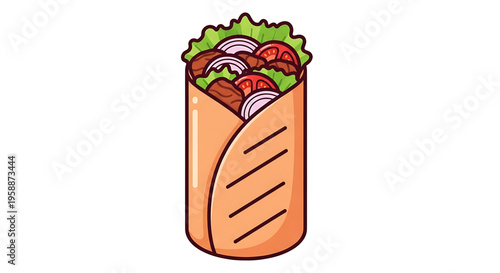 A colorful illustration of a delicious shawarma wrap filled with fresh vegetables and meat.