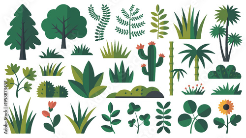 Assortment of flat design green plants, trees, and flowers for eco graphics, design elements