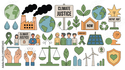Climate justice and environmental protection icons: earth, industry, people, and nature elements, solar panel