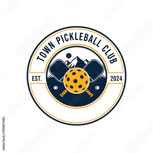 Outdoor Pickleball Sports Club Badge Illustration with Paddles, Ball, and Mountain View