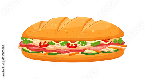A colorful illustration of a delicious sandwich with various ingredients