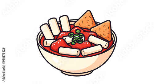 A vibrant cartoon illustration of a bowl of tomato soup with crackers and green onions
