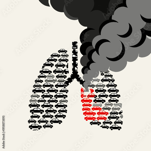 Conceptual illustration of human lungs made of cars with smoke pollution