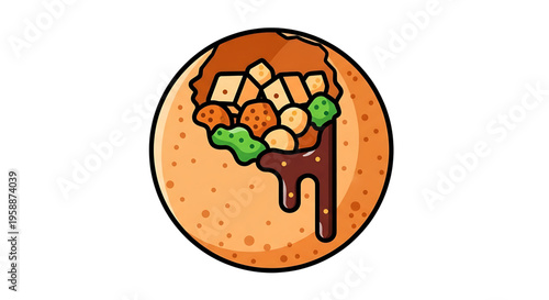 A vector graphic illustration of a delicious pancake with toppings and syrup