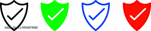 Safety shield with checkmark icons in multiple colors, Security protection and verified quality guarantee emblem set, Reliability and cybersecurity status symbols for business trust