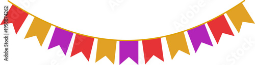 Colorful bunting flags garland for party celebration, Hanging festive pennants in red and purple and yellow, Decorative carnival banner for birthday and event decoration