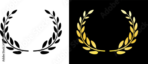 Laurel wreath reward and excellence frame in black and gold, Victory and achievement circular foliage branch for award ceremonies, Elegant floral laurel border for premium branding and anniversary