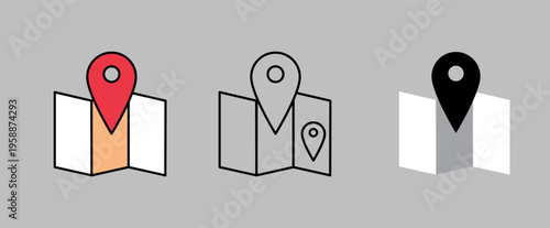 Location pin on folded paper map icons for navigation, Multi-style colorful and monochrome travel destination pointers, Geographical position markers for tracking and logistics services