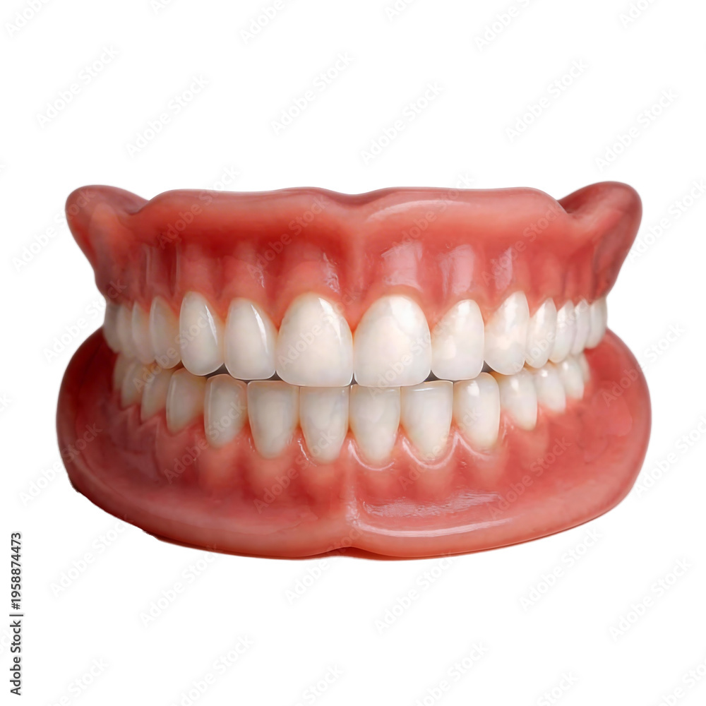Obraz premium Anatomical model of a complete denture showing pink gums and perfect teeth