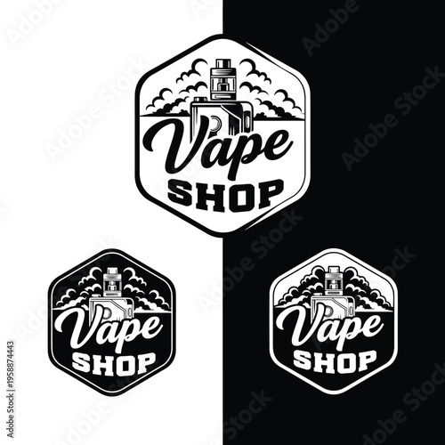 Vector Graphic Emblem for a Vaporizer Shop, Featuring a Device and Cloud Motif