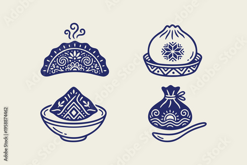 Decorative Dumpling Illustrations in Blue Folk Art Style