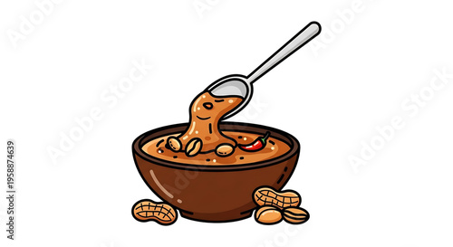 A cartoon illustration of a brown bowl filled with peanut sauce and peanuts, with a spoon scooping some out.