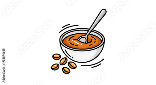 A vector graphic illustration of a bowl of soup with a spoon and coffee beans on a white background
