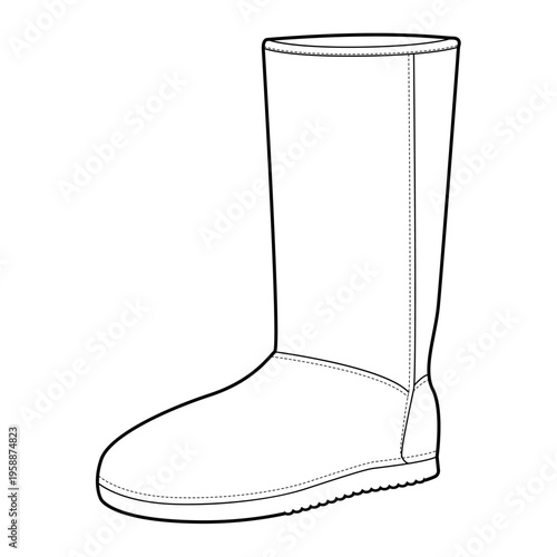 Tall winter boot women single line. Fleece lined straight shaft boot for snowy travel cozy and weekend wear. Technical fashion illustration CAD mockup clean vector man unisex isolated modern style.