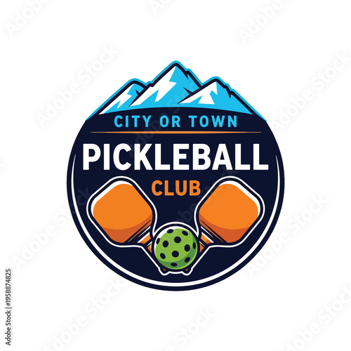 Dynamic City or Town Pickleball Club Logo with Mountain Silhouette and Paddles Vector