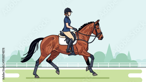 Equestrian rider on a horse in a field with a fence in the background, illustrating the sport of horseback riding