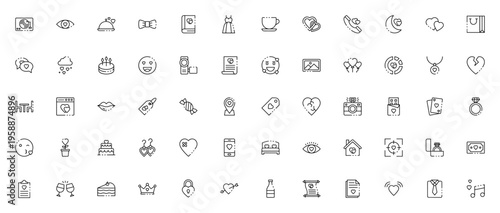Love icon set. Romantic vector collection. Includes symbols for heart, wedding, ring, kiss, gift, romance, date, phone, letter, music and more. Editable stroke.