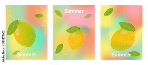 Summer set poster Abstract colorful gradient and fruit element mesh background. Design social media posts, landing pages, and apps. Vector illustration.