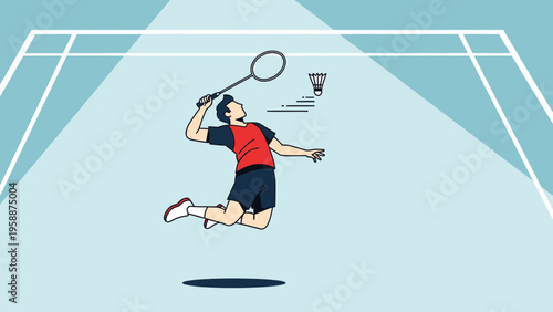 Energetic male badminton athlete executing a powerful jump smash shot in mid-air, illustrating competitive sports action and dynamic movement on a stylized court