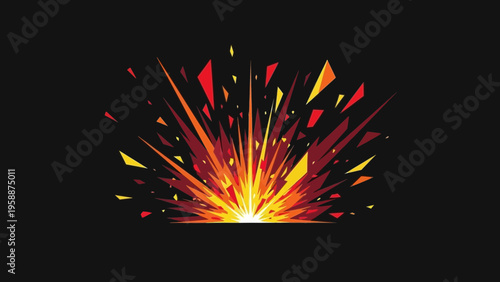 Stylized fire explosion effect with flying sharp particles. Abstract vector illustration of a powerful blast and burst of energy on a dark background