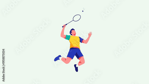 Dynamic vector illustration of a male badminton player jumping for a smash shot, showcasing athletic energy and a healthy active lifestyle concept