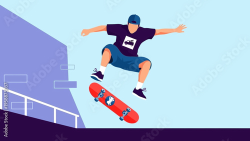 Dynamic illustration of a male skateboarder executing an impressive mid-air trick, showcasing youthful energy and the thrill of extreme sports in an urban skatepark setting