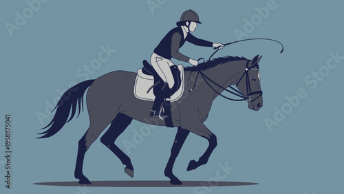 Equestrian Rider on Horseback Participating in a Show Jumping Competition, with Whip and Bridle