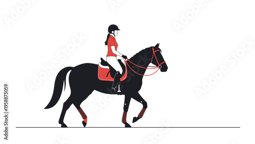 Illustration of a skilled equestrian gracefully riding a black horse with red accents, showcasing the sport of horseback riding