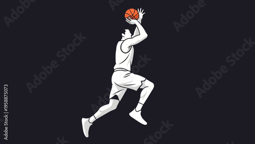 Dynamic illustration of a basketball player in mid-air, preparing to shoot a ball, capturing the athleticism and energy of the sport