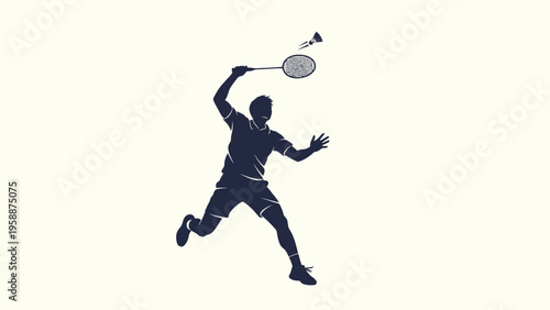 Dynamic silhouette of a male badminton player in mid-action, powerfully swinging his racket to hit the shuttlecock, capturing the essence of competitive sports and active lifestyle