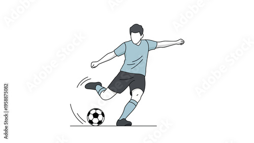 Illustration of a soccer player in action, kicking a ball with power and precision during a game, showcasing athleticism