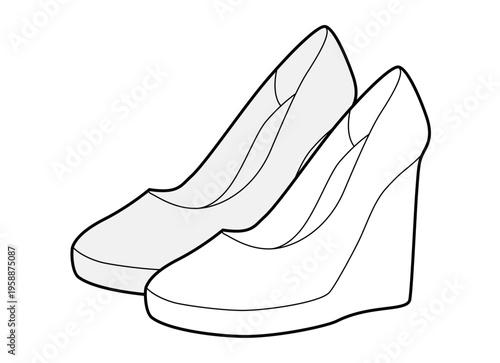 Wedge pump women sketch pair. Closed toe dress footwear for office, event, everyday smart outfit. Technical fashion illustration, CAD mockup, detailed vector men unisex isolated classic style.