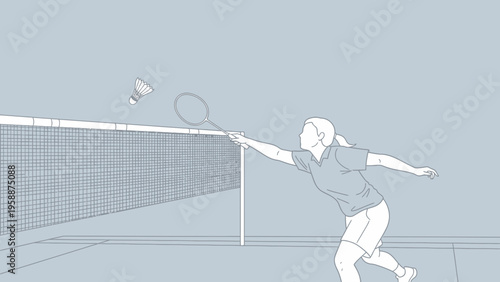 Illustration of a person playing badminton on a court with a net and shuttlecock
